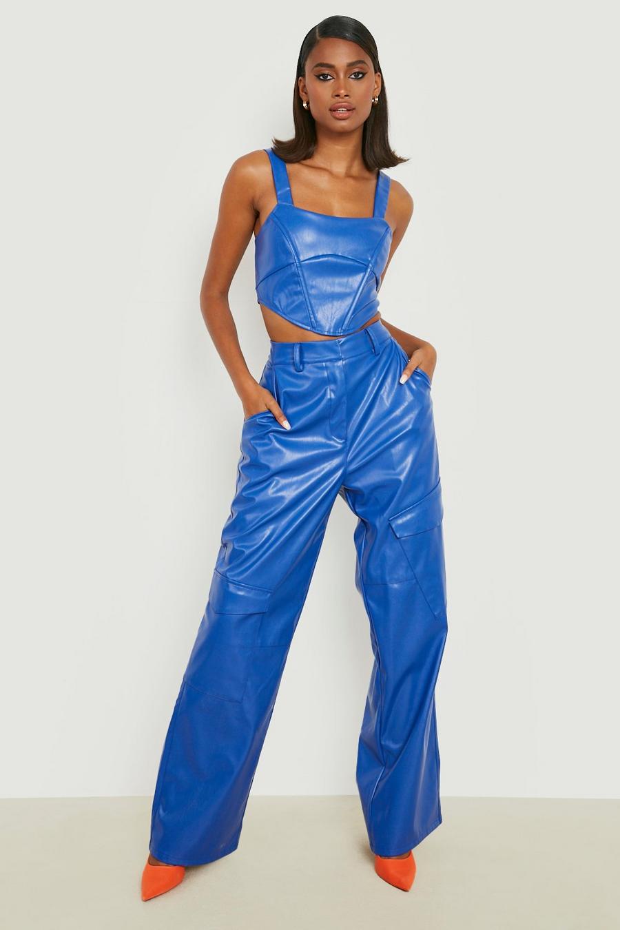 Bright blue Leather Look Wide Leg Cargo Trousers